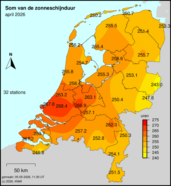 Kaart van Nederland in april 2026, met de zonuren per regio.