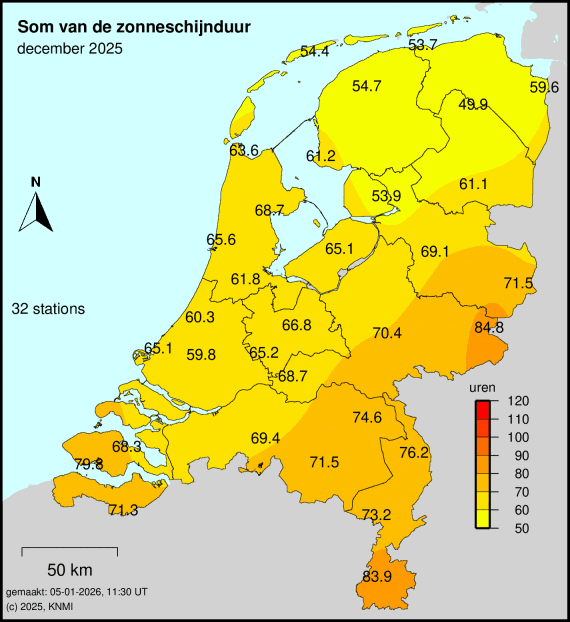 Kaart van Nederland in december 2025, met de zonuren per regio.