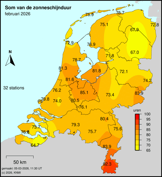 Kaart van Nederland in februari 2026, met de zonuren per regio.