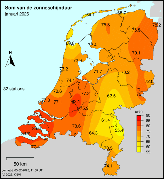 Kaart van Nederland in januari 2026, met de zonuren per regio.