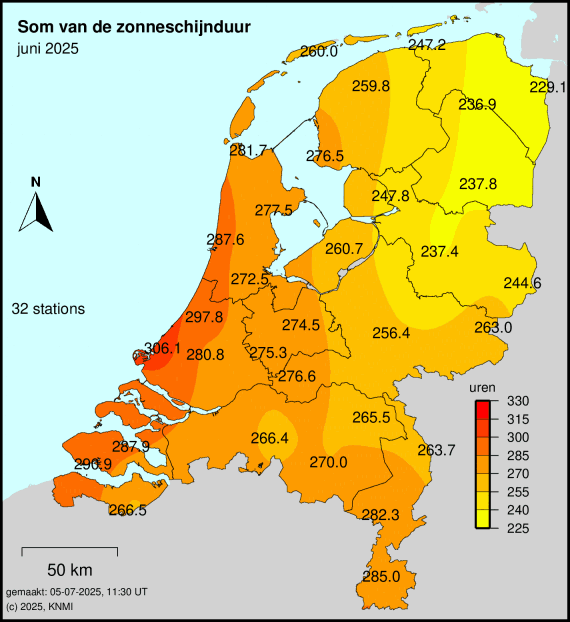 Kaart van Nederland in juni 2025, met de zonuren per regio.