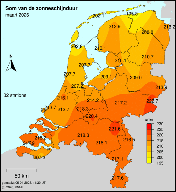 Kaart van Nederland in maart 2026, met de zonuren per regio.