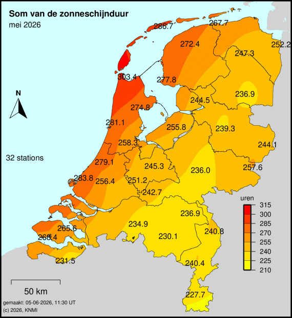 Kaart van Nederland in mei 2026, met de zonuren per regio.