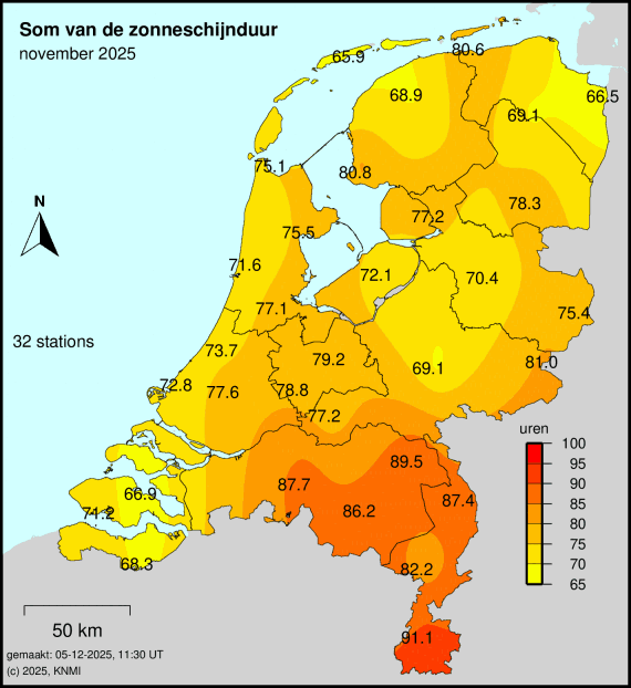 Kaart van Nederland in november 2025, met de zonuren per regio.