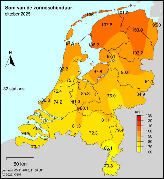 Kaart van Nederland in oktober 2025, met de zonuren per regio.