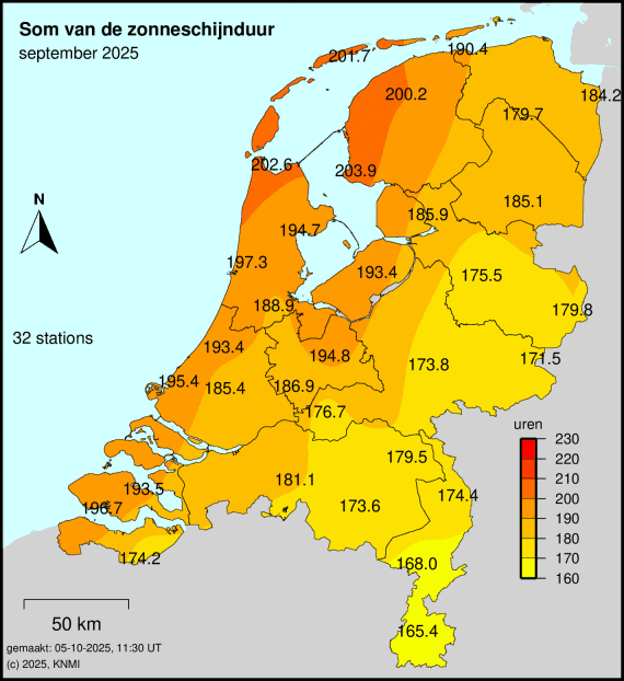 Kaart van Nederland in september 2025, met de zonuren per regio.