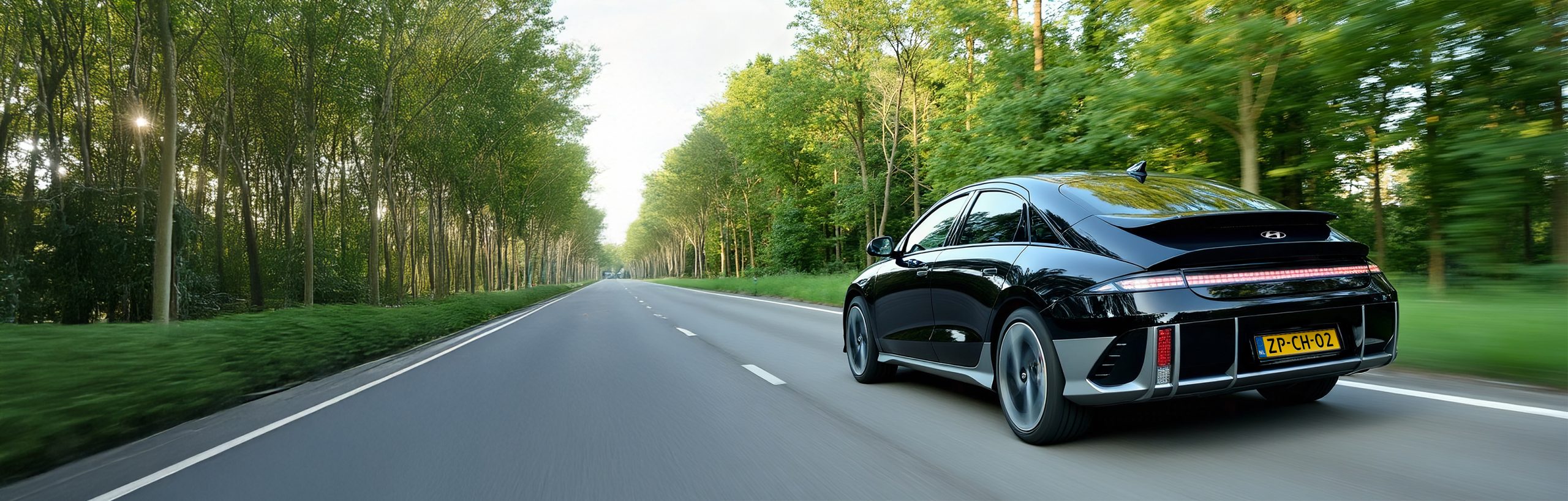 Hyundai IONIQ 6 rijdt door een Nederlands bosachtig gebied.