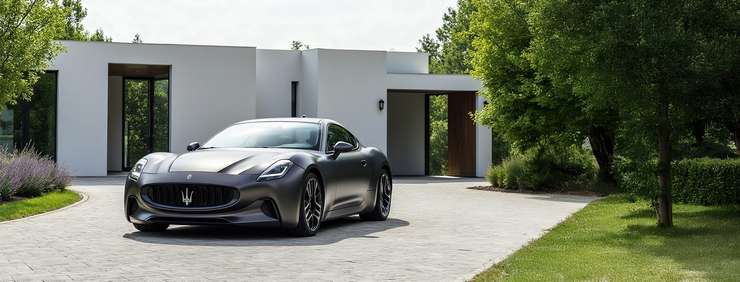 Maserati Gran Turismo Folgore geparkeerd bij een moderne villa met een laadpaal.