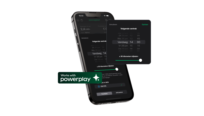 Afbeelding van mobiele telefoon waarop het laadpaal scherm te zien is van de Zonneplan App