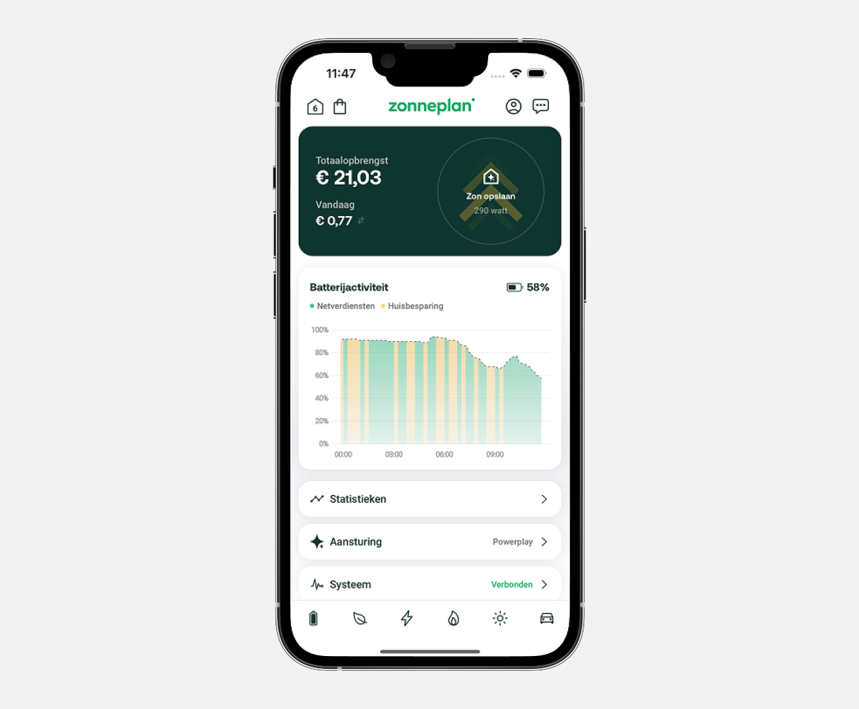 App scherm Zonneplan thuisbatterij