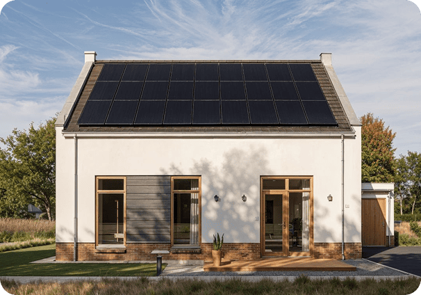 Voorkant van een woning met op het dak 27 zonnepanelen.