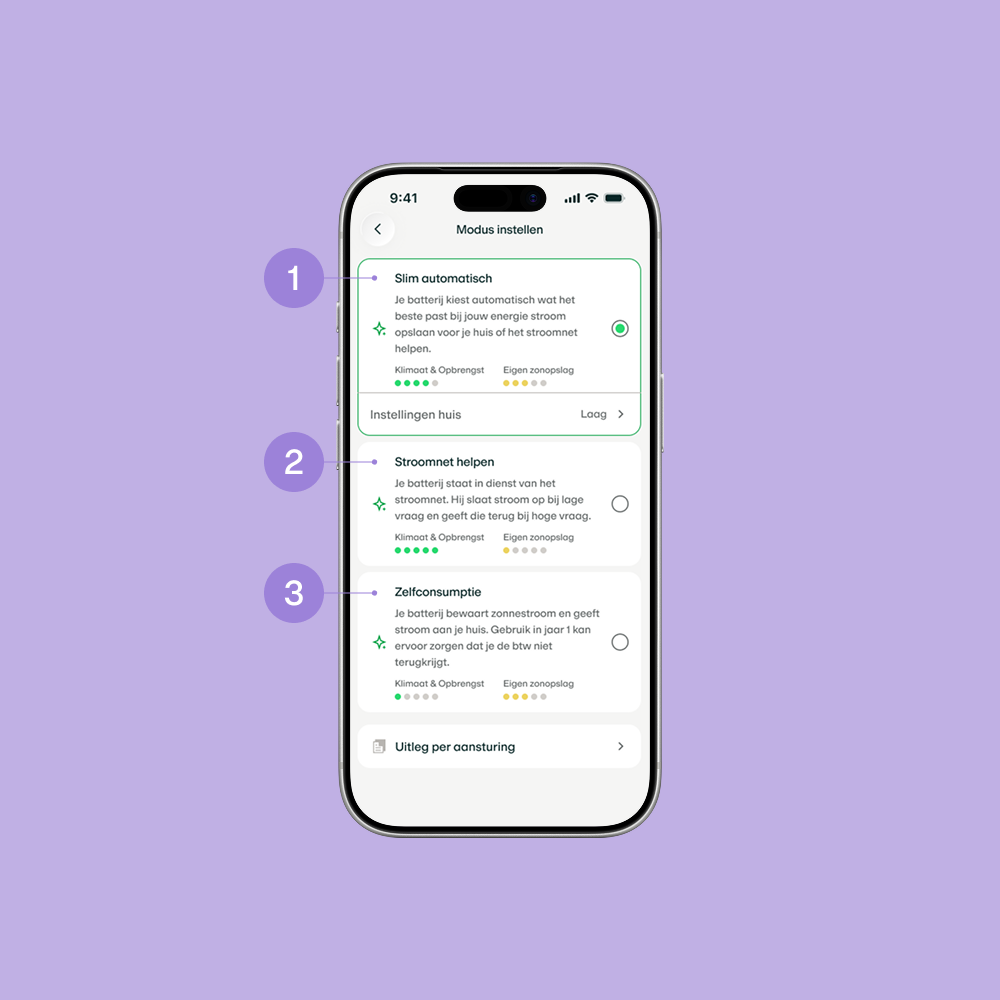 Thuisbatterij app scherm - modus