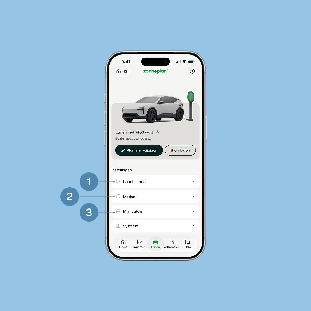 Zonneplan app scherm - instellingen laadpaal