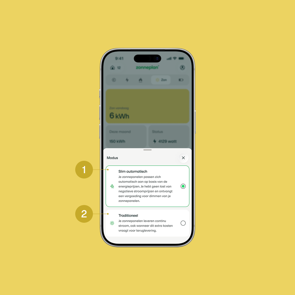 Zonneplan app scherm - zonnepanelen modus