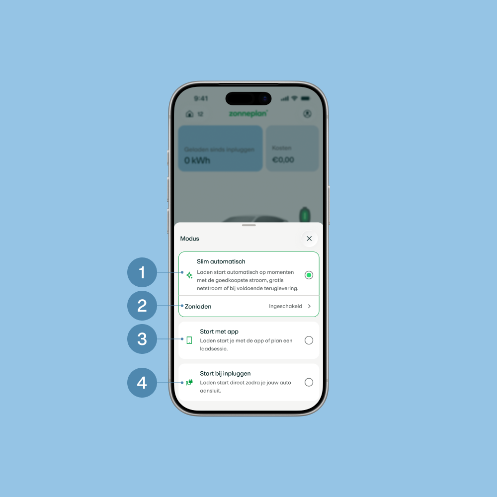 Zonneplan app scherm - laadmodus kiezen